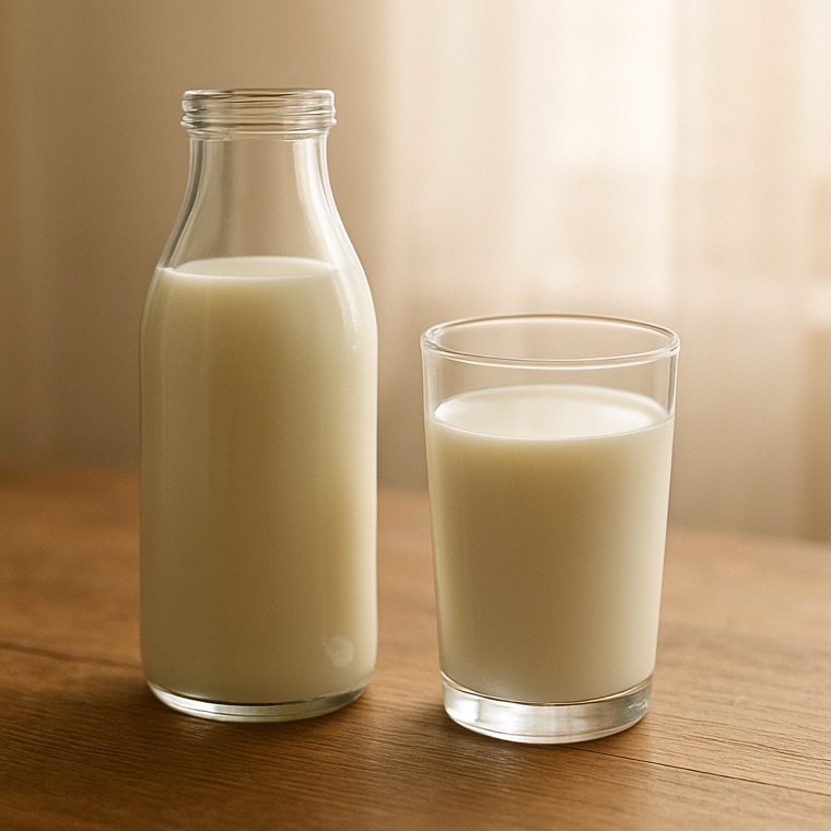 A bottle and glass of fresh milk on a wooden table
